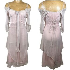 Nataya Pink Fairycore Dress Lace Up Back Victorian Romantic Boho Midi Medium